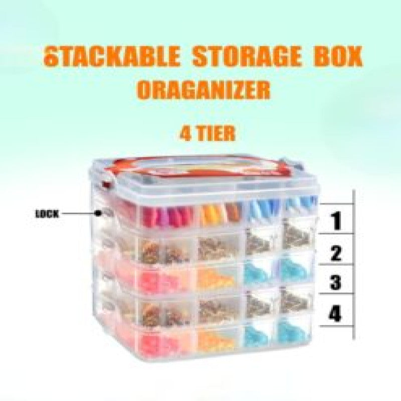 4 Layer Stackable Storage Box Organizer – Multi Tier Plastic Storage Case with Compartments & Lock