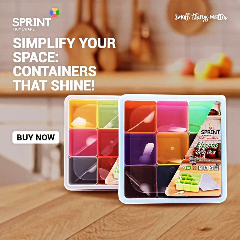9 Grid Spice Box – Rainbow Masala Organizer with Lid (Kitchen Storage Box)