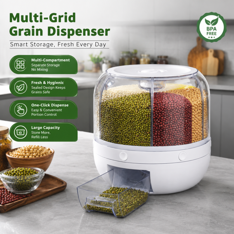 Rotatable Airtight Rice Dispenser with 6-Portion Storage - Waterproof & Moisture-Proof Kitchen Storage Solution