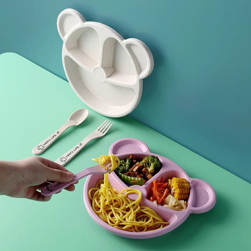 Panda Shape Baby Feeding Set (5pcs) – Kids Divided Plate with Spoon & Fork | Cute BPA Free Dinner Set
