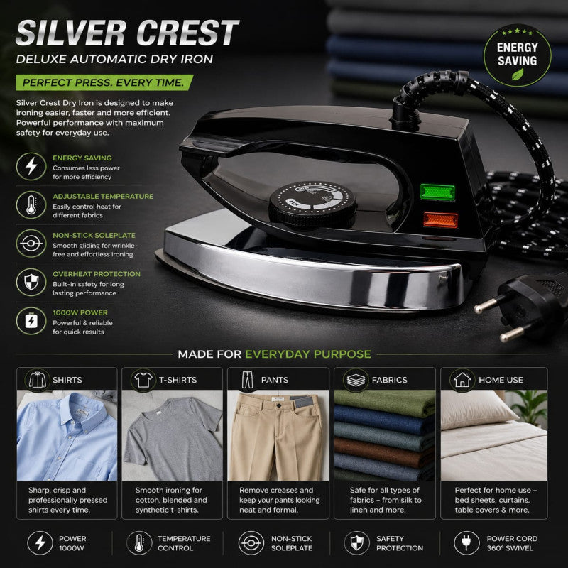 Silver Crest Deluxe Automatic Dry Iron – Non-Stick Electric Clothes Iron