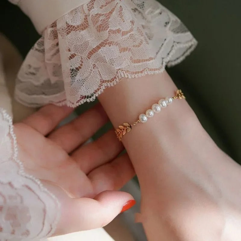 Golden Bracelet for Women – Elegant Leaf & Pearl Design Hand Jewelry