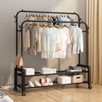 Heavy Duty Hanging Cloth Rack (48KG) – Double Rod Garment Stand with Wheels & Storage Shelf