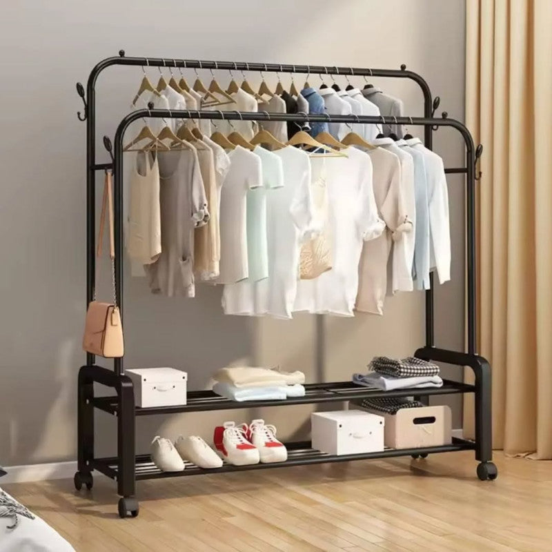 Heavy Duty Hanging Cloth Rack (48KG) – Double Rod Garment Stand with Wheels & Storage Shelf