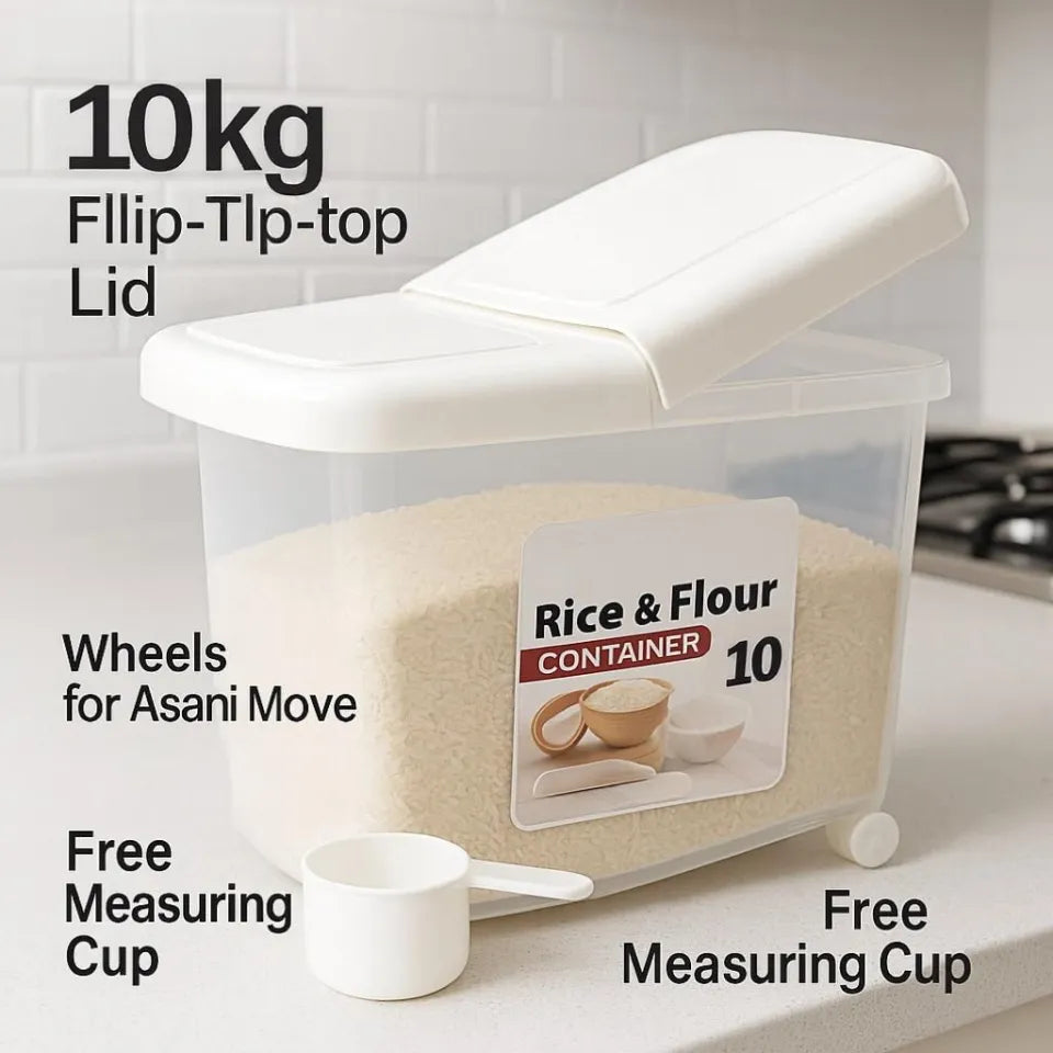 10KG Rice & Flour Storage Container – Airtight Kitchen Grain Box with Wheels & Measuring Cup