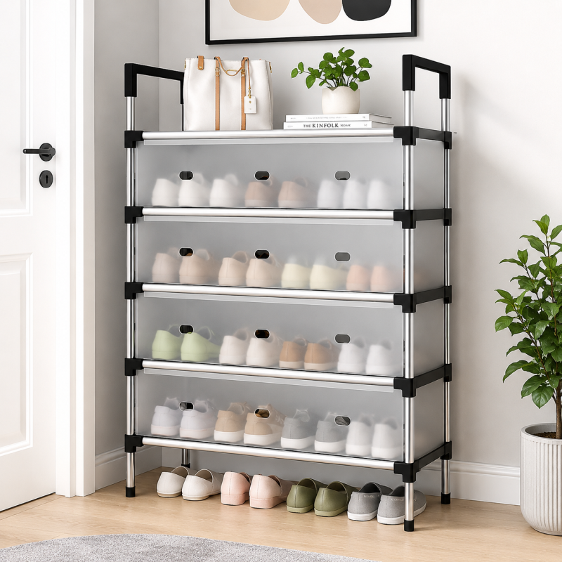 5 Layer Shoe Storage Rack with Dustproof Cover & Handles