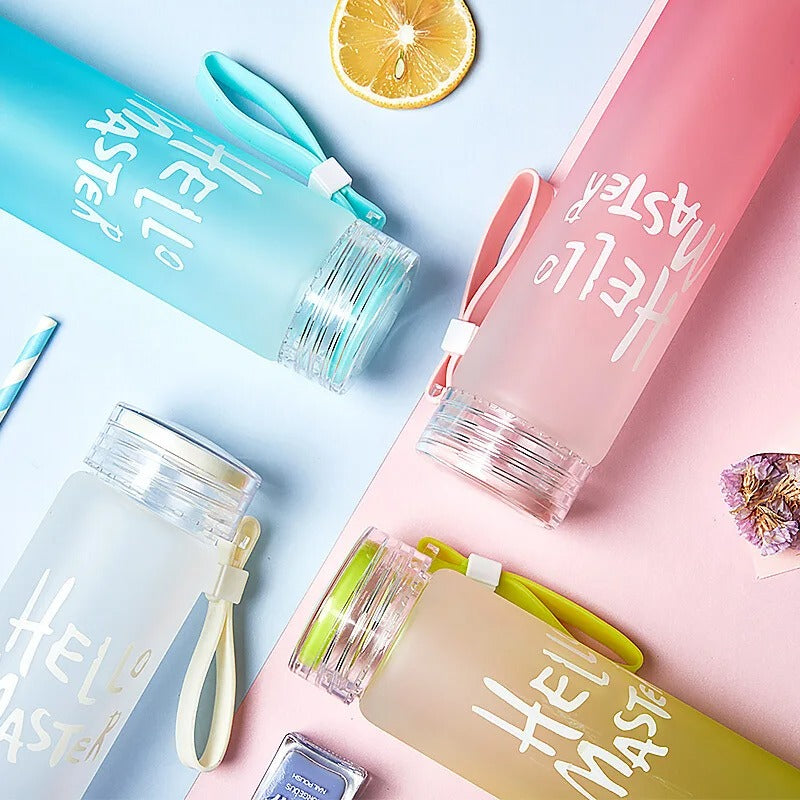 Hello Master Glass Bottle – Gradient Frosted Water Bottle with Strap