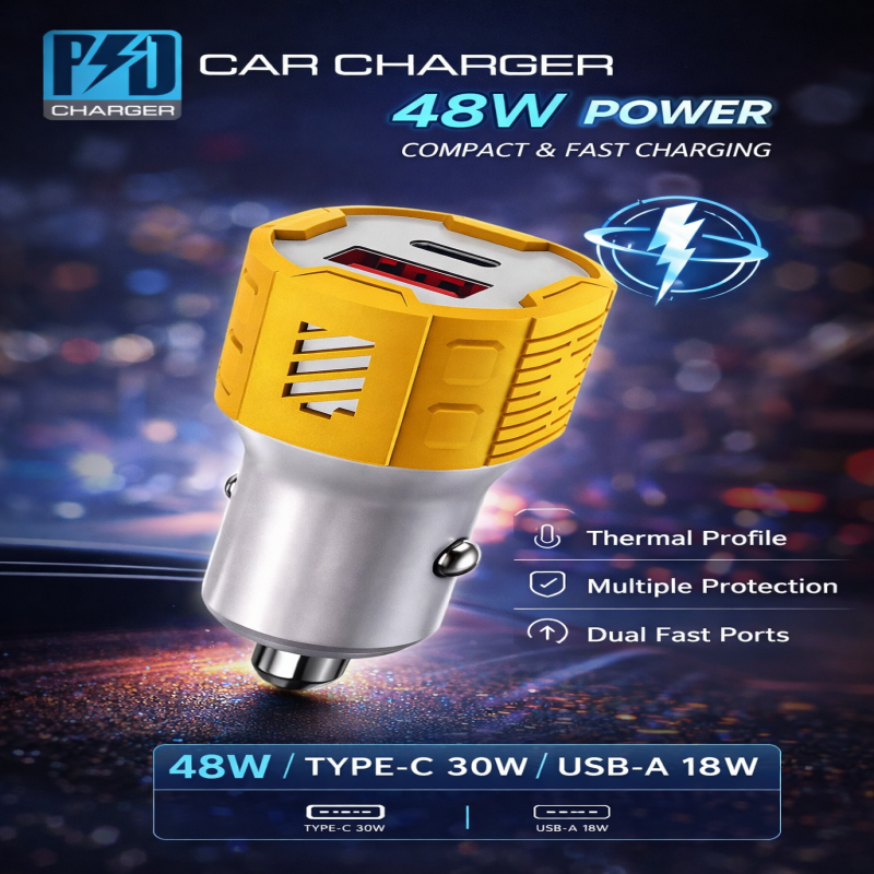 48W Car Charger – USB A + Type-C Fast Charging Dual Port Adapter