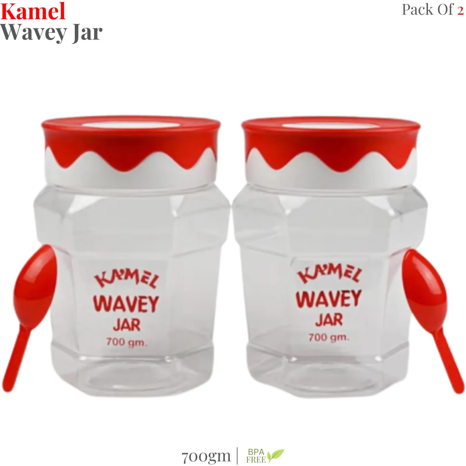Kamel Wavey Jar 700gm (Pack of 2) – BPA Free Storage Jar with Spoon