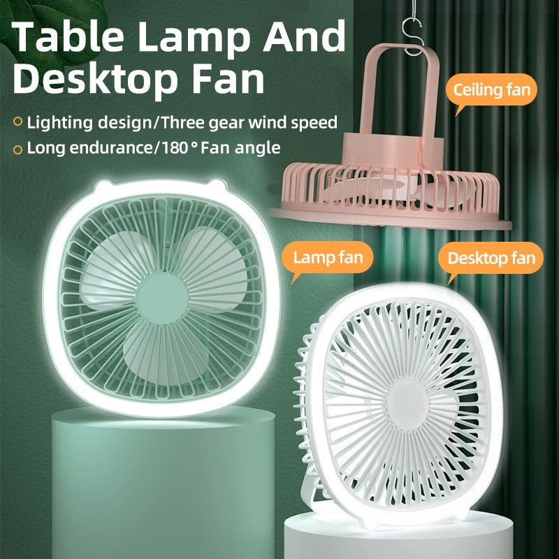 3 in 1 Portable Desktop Fan with LED Light – Table, Wall & Ceiling Hanging Fan (Rechargeable)