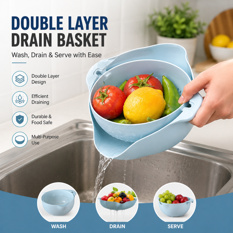 Double Layer Fruit Vegetable Washing Bowl Household Kitchen Sink Rotatable Drainer for Home and Kitchen
