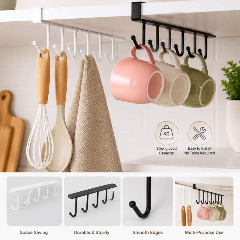 Cabinet Under Shelf 6 Hooks Iron Hanging Rack