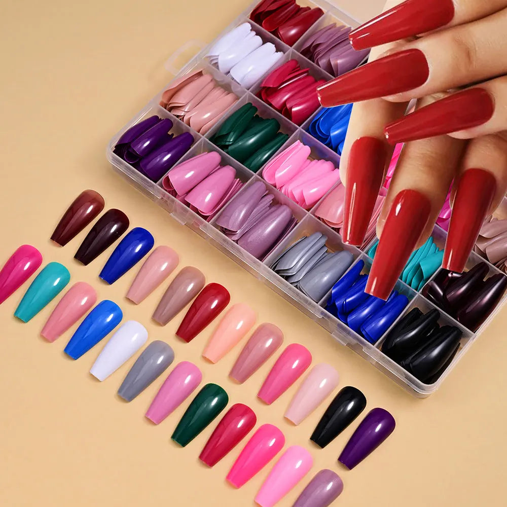 576pcs Artificial Nail Tips Set – Multi Color Long Nails Kit