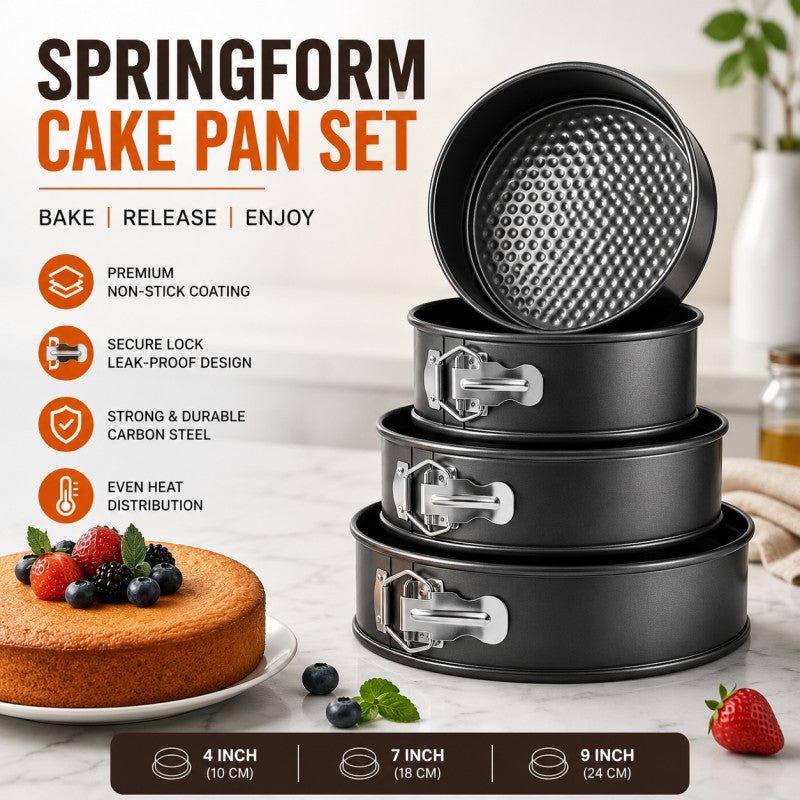 Set of 3 Non-Stick Springform Cake Pan Set – Round Baking Moulds