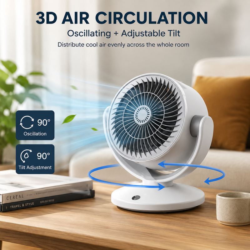 Strong Third-Gear USB Rechargeable Air Circulation Fan – 90° Oscillating Desk Fan