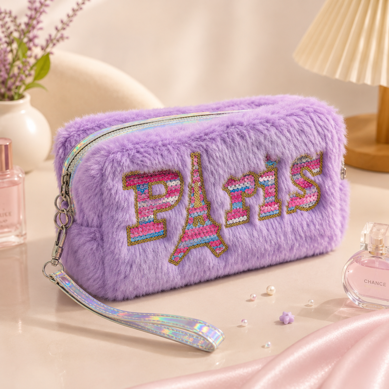 Paris Fluffy Makeup Pouch – Soft Plush Cosmetic & Travel Organizer