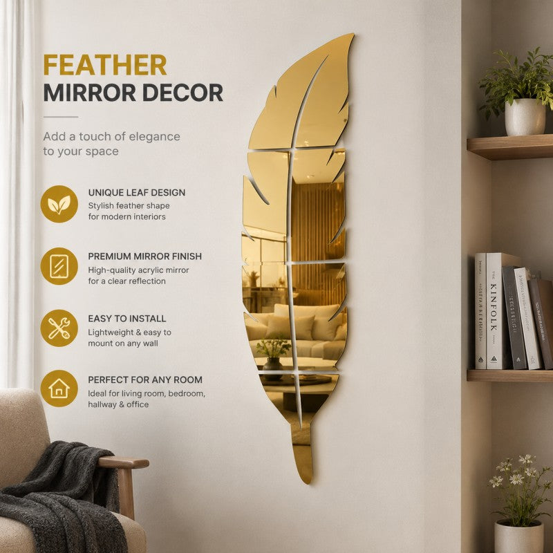 Wall Trove Acrylic Mirror Wall Leaf – 3D Feather Wall Decor for Home & Office