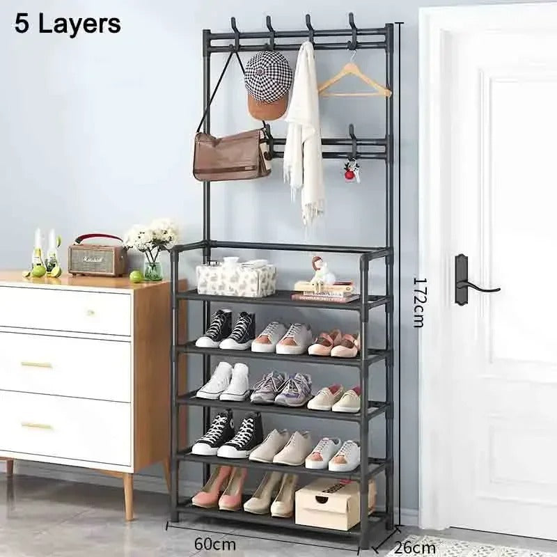 5 Layer Steel Shoe Rack Organizer – Multi-Tier Storage with Hangers & Shelves