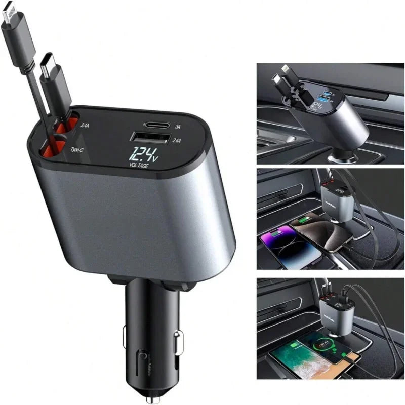 4-in-1 Retractable Car Charger – Fast Charging Multi Cable Car Adapter (Type-C, iPhone, USB)
