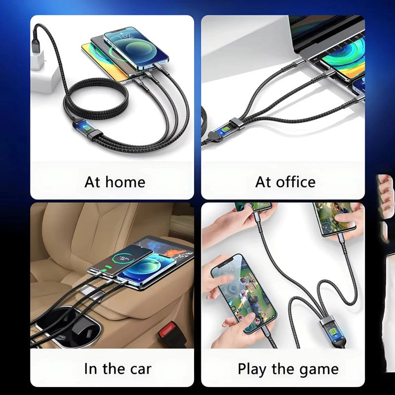 3-in-1 Fast Charging Cable 100W – Multi USB Cable with LED Display (Type-C, Lightning, Micro USB)