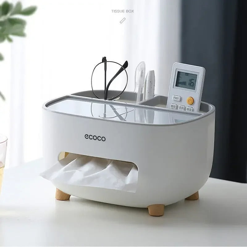 Multifunctional Tissue Box Holder with Remote Storage – Plastic Organizer Stand
