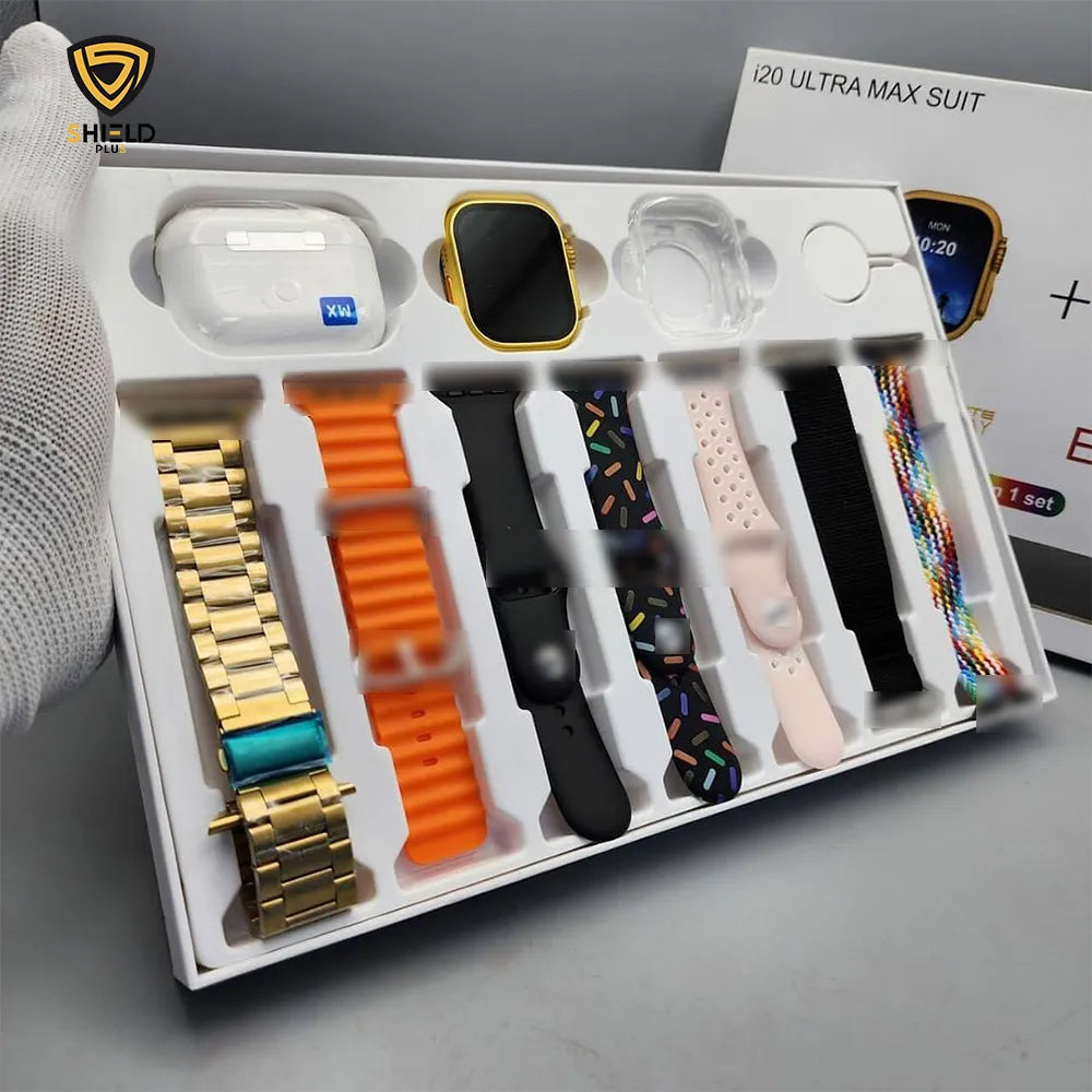 I20 Ultra Smart Watch with Earbuds – 10 in 1 Combo Set | 2.3” Display & Multiple Straps