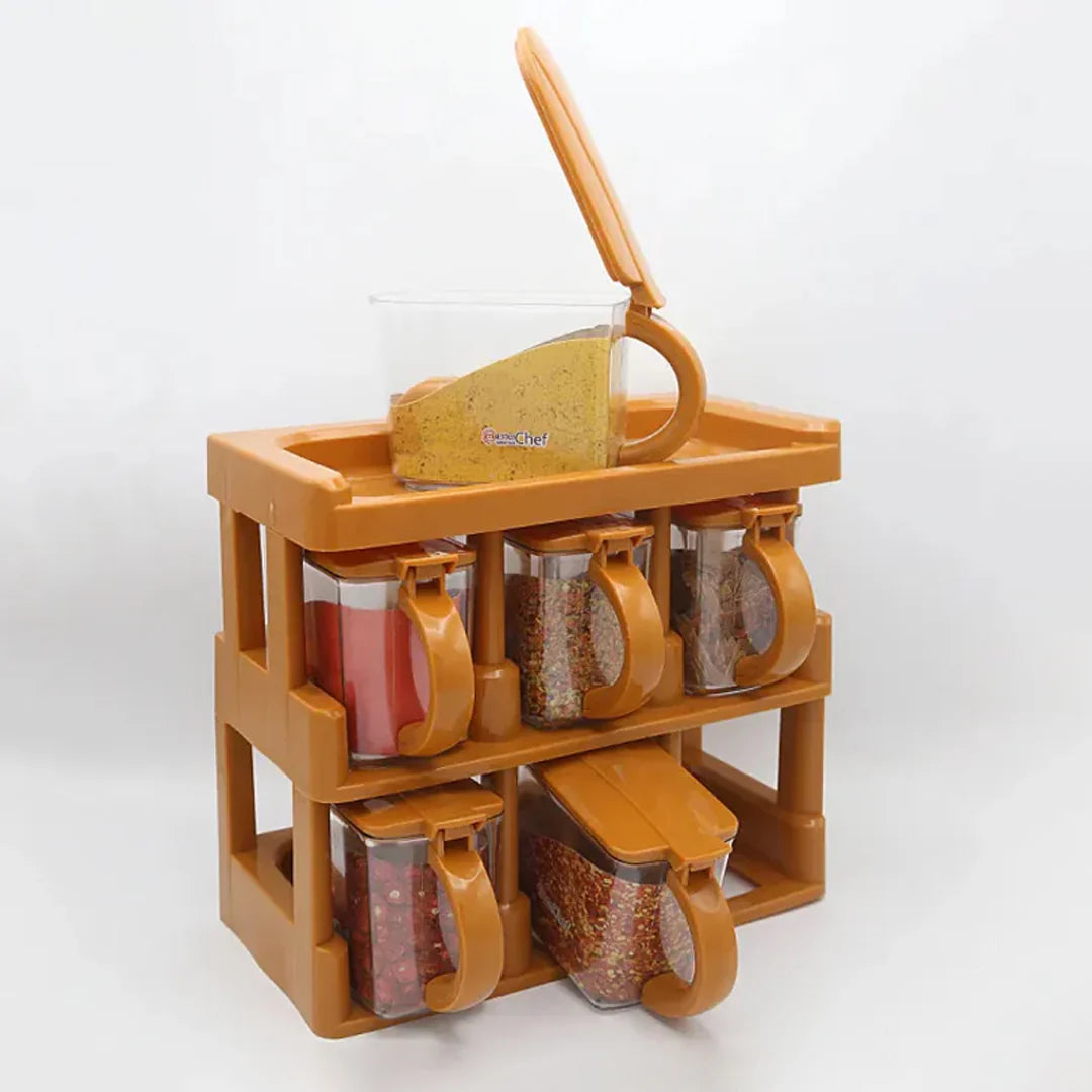 Master Chef Spice Jar Set (6 Pcs) – Kitchen Masala Organizer with Rack & Spoon