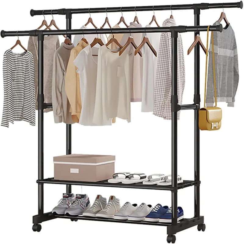 Heavy Duty Clothes Rack with Shoe Shelf (50KG) – Industrial Metal Garment Stand with Wheels