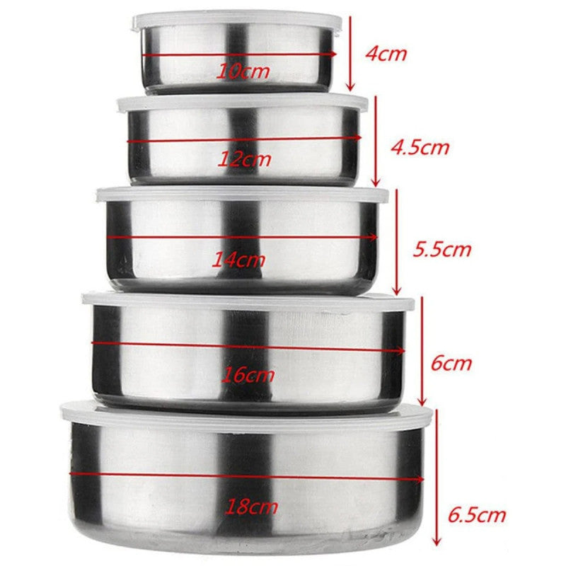 5 Pcs Stainless Steel Bowl Set with Lids – Multi-Size Kitchen Mixing & Storage Bowls