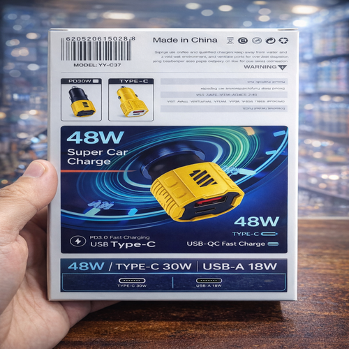 48W Car Charger – USB A + Type-C Fast Charging Dual Port Adapter