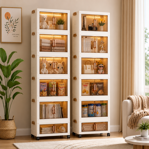 5 Layer Storage Cabinet with Transparent Doors – Foldable Dustproof Organizer with Wheels