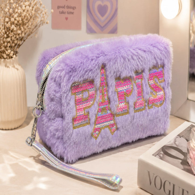 Paris Fluffy Makeup Pouch – Soft Plush Cosmetic & Travel Organizer
