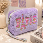 Paris Fluffy Makeup Pouch – Soft Plush Cosmetic & Travel Organizer