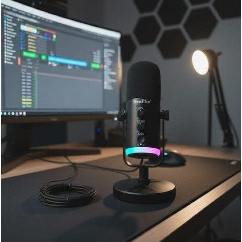 NeePho NP-M03 Podcast Microphone – RGB Condenser Mic with Stand & Noise Reduction