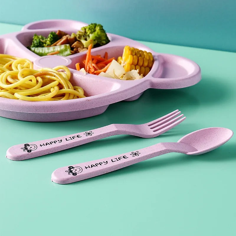 Panda Shape Baby Feeding Set (5pcs) – Kids Divided Plate with Spoon & Fork | Cute BPA Free Dinner Set