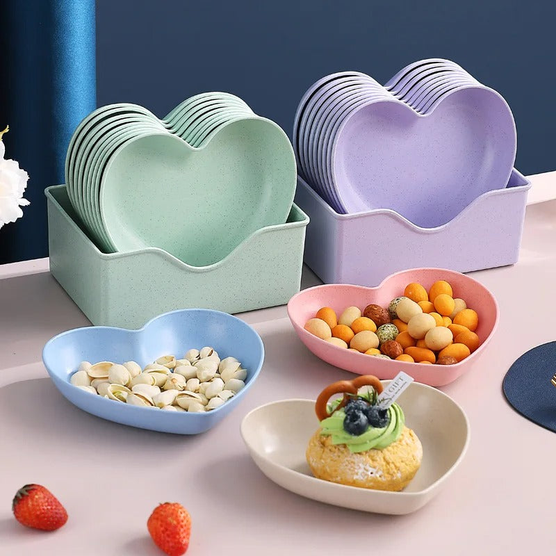 Pack of 10 Heart Shape Plate Set with Stand – Cute Snack & Dessert Plates | Multi-Color Serving Bowls Set