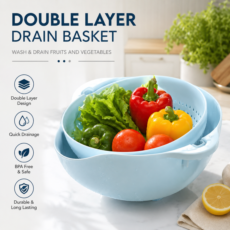 Double Layer Fruit Vegetable Washing Bowl Household Kitchen Sink Rotatable Drainer for Home and Kitchen