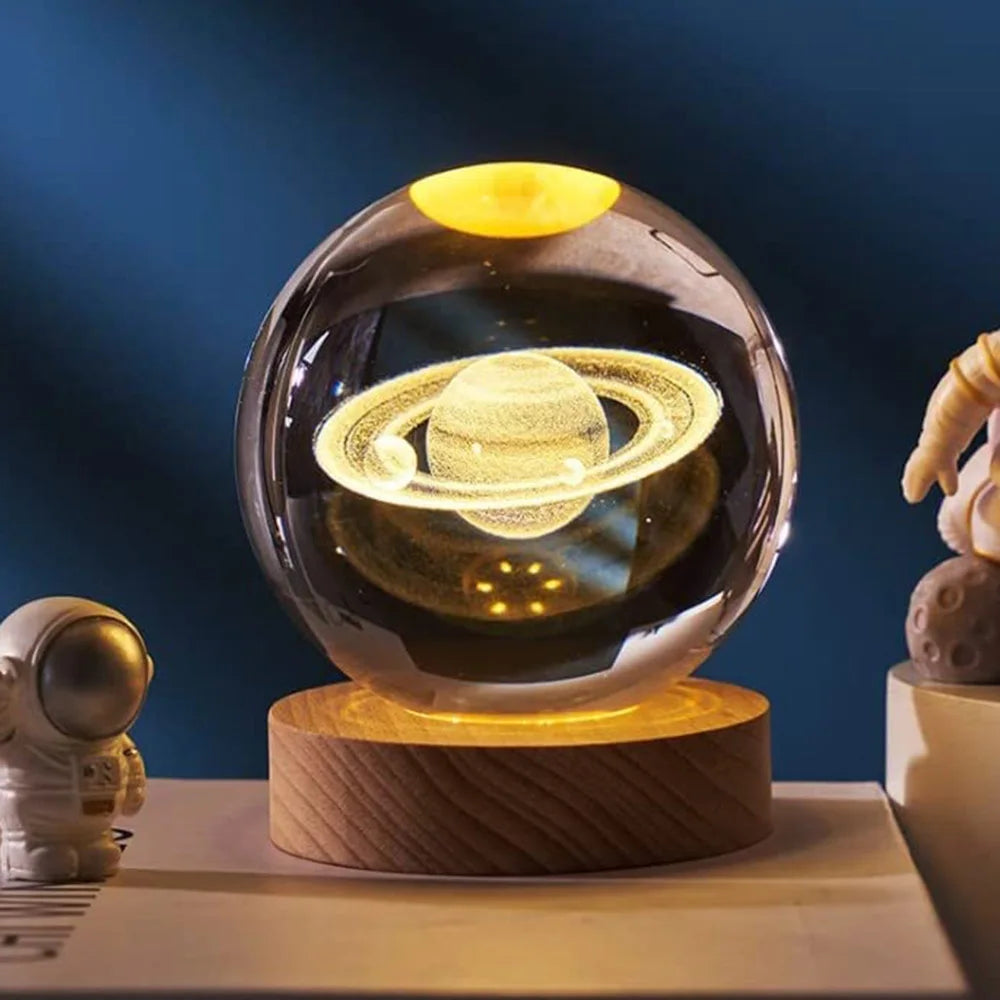 3D Galaxy Crystal Ball Lamp – LED Night Light | Solar System Glass Lamp with Wooden Base