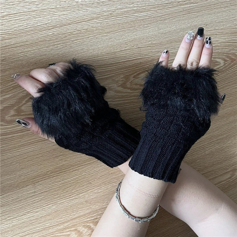 Winter Women Gloves – Soft Wool Knit Fingerless Gloves with Fur | Warm & Stylish Hand Warmers