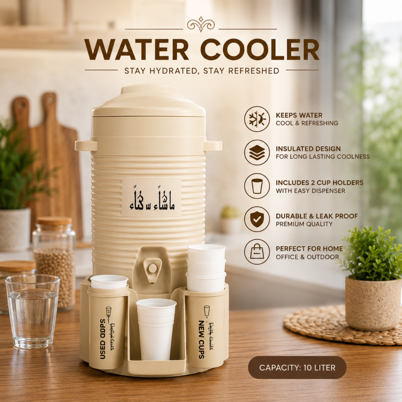 Zamzam Cooler Dispenser 10 Liter – Insulated Water Cooler with Tap & Cup Holder