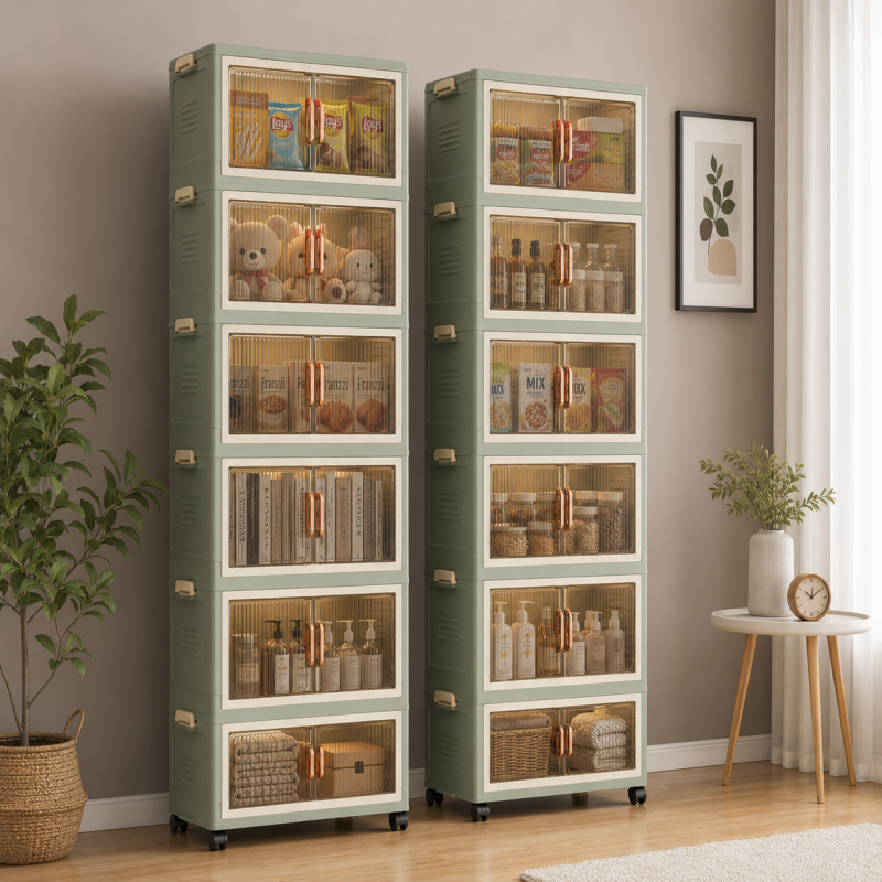 5 Layer Storage Cabinet with Transparent Doors – Foldable Dustproof Organizer with Wheels
