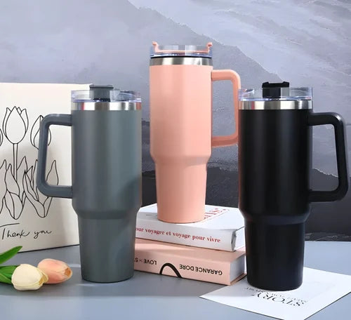 Simple Stainless Steel Tumbler – Large Capacity Insulated Coffee Cup with Handle