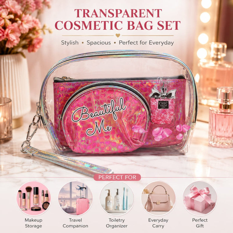 Transparent Cosmetic Bag Set (Pack of 3) – Travel Makeup & Toiletry Organizer