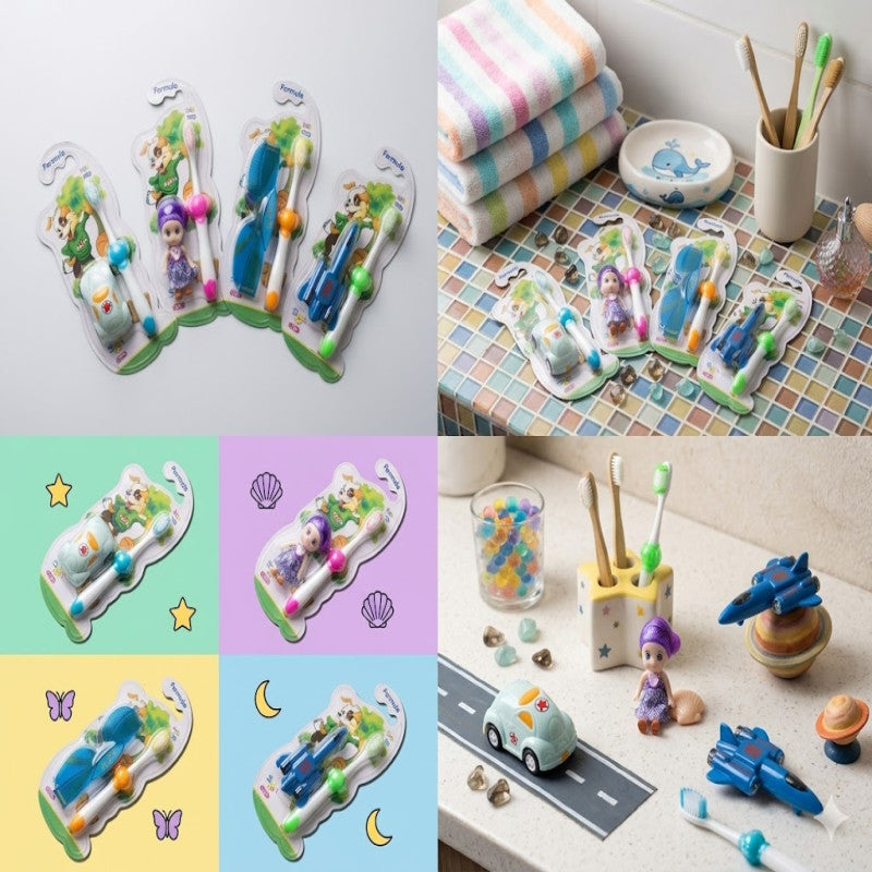 Pack of 2 Kids Toothbrush with Toy – Soft Bristle Baby Toothbrush | Fun Learning Dental Kit for Children