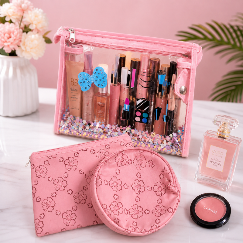 Pack of 3 Premium Makeup Pouch Set – Waterproof Cosmetic & Travel Organizer Bags for Girls