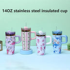 Floral Tumbler with Handle – Insulated Flower Design Cup with Straw