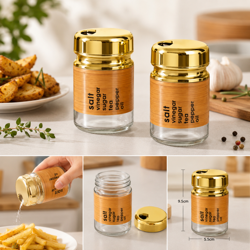 Premium Glass Spice Jar with Golden Lid – Kitchen Seasoning & Storage Container