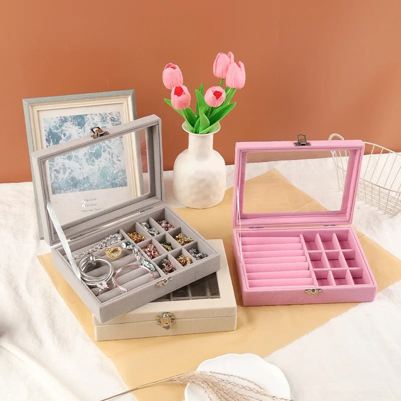 Velvet Glass Jewelry Organizer Box – Ring & Earring Display Storage Case