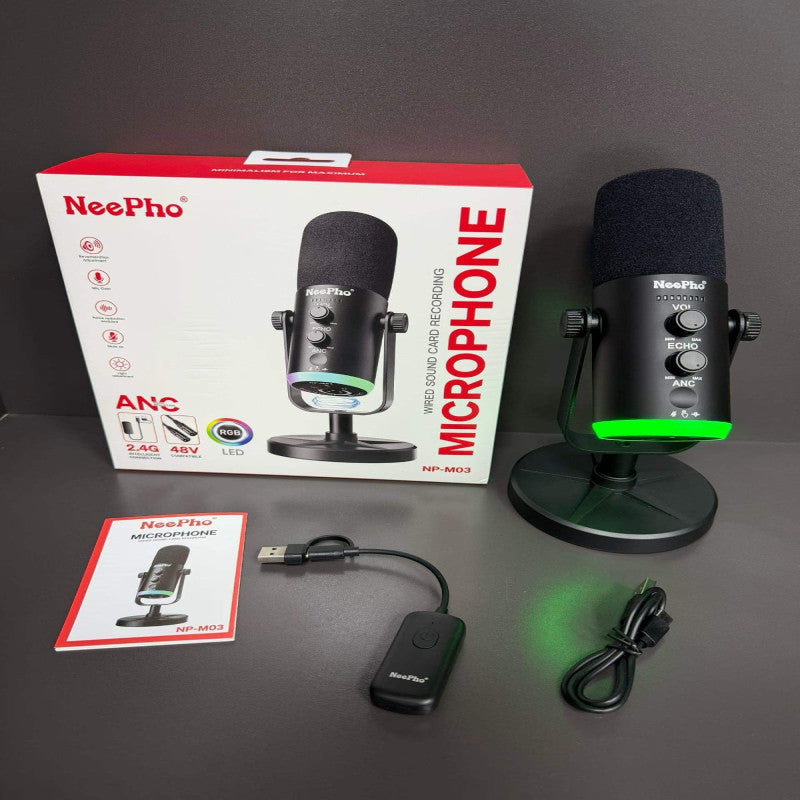 NeePho NP-M03 Podcast Microphone – RGB Condenser Mic with Stand & Noise Reduction