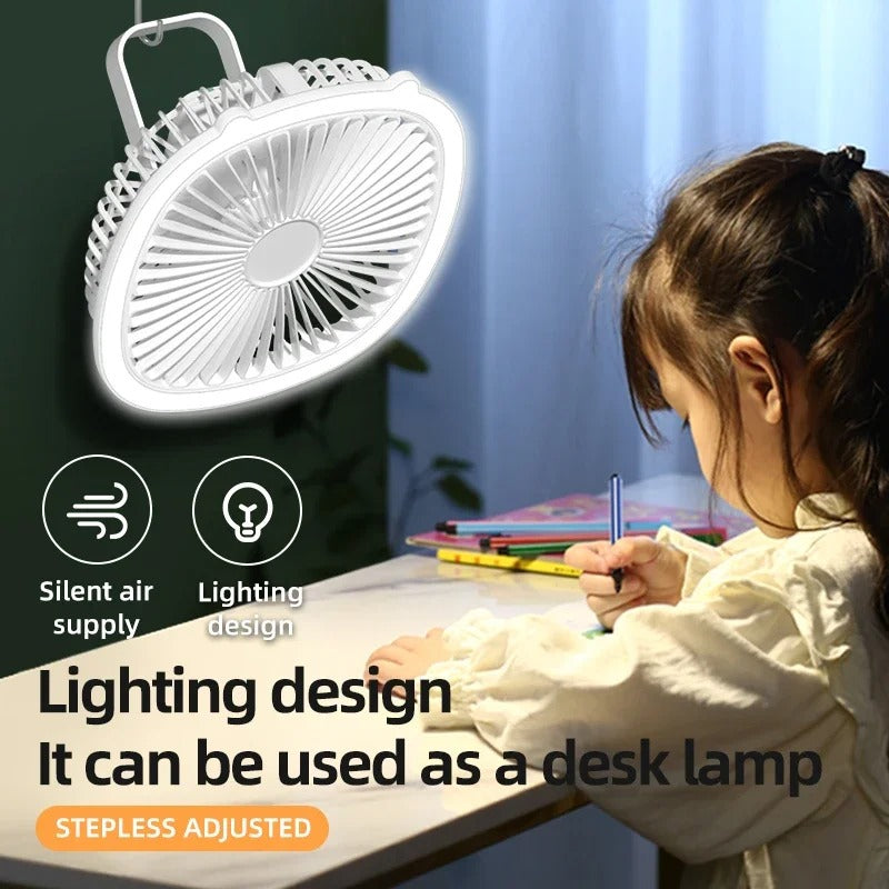 3 in 1 Portable Desktop Fan with LED Light – Table, Wall & Ceiling Hanging Fan (Rechargeable)